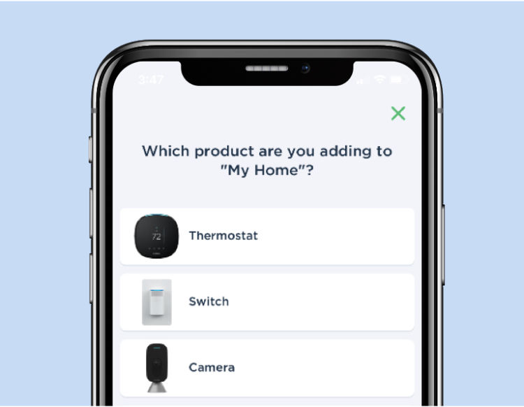 A phone screen asking the user "Which product are you adding to My Home?"