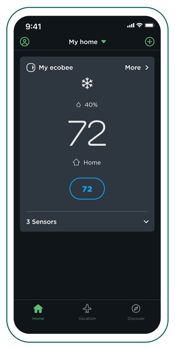 phone screen shows the homescreen of the ecobee app