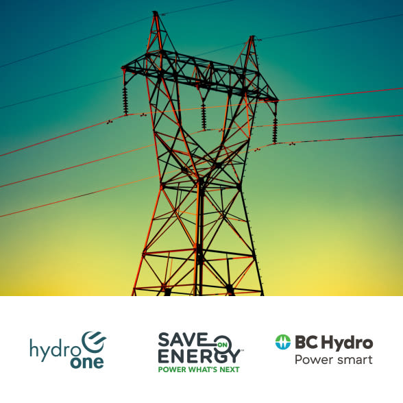 a hydro tower with the hydro one, save energy ON, and BC Hydro logos under it