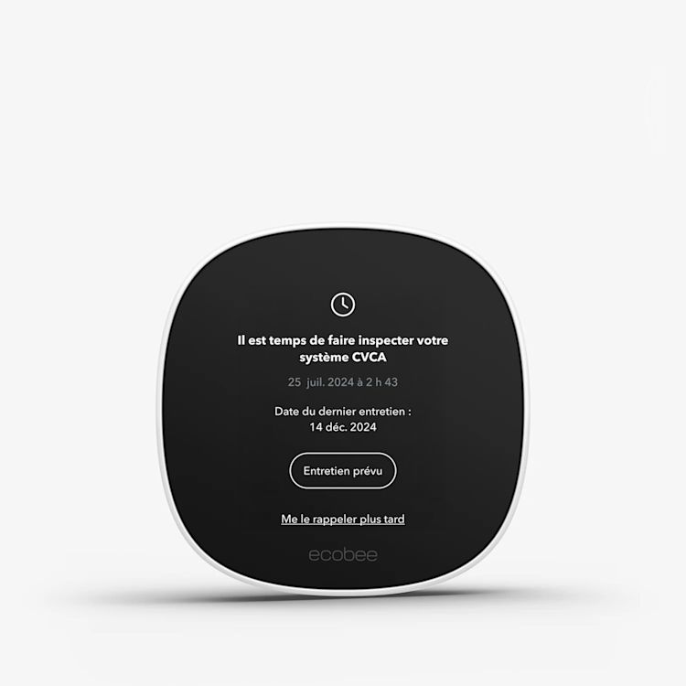 L’écran du thermostat ecobee indique « Il est temps de faire inspecter votre système CVC » et une notification téléphonique de l’application ecobee indiquant la même chose