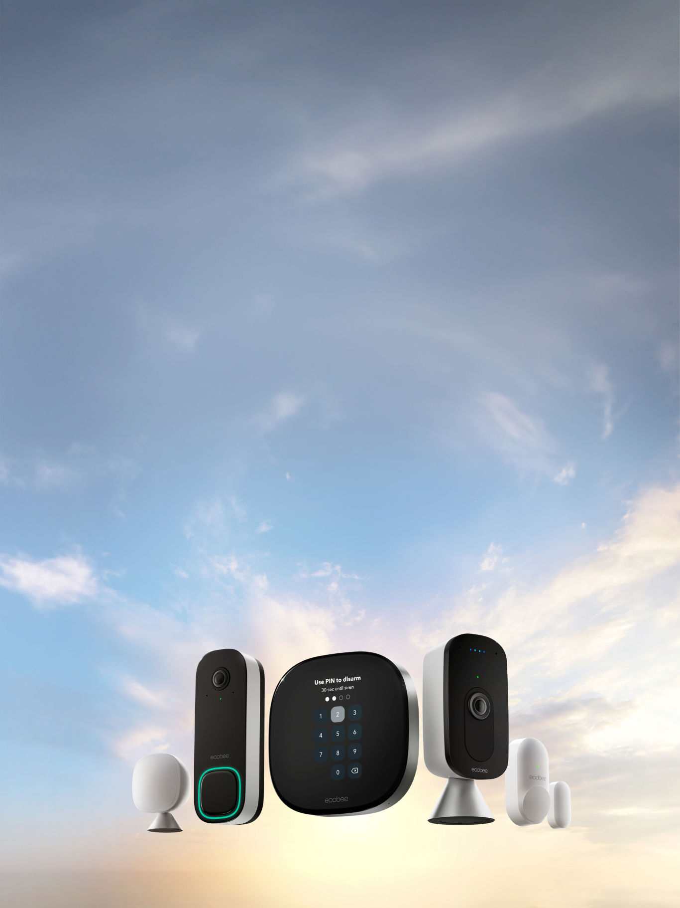 ecobee products including sensors, thermostat, camera, and doorbell camera hover in the sky.