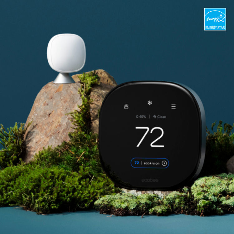 ecobee Smart Thermostat Premium with SmartSensor on a blue background