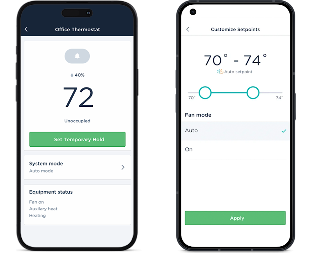 2 smartphone screens showing the SmartBuildings dashboard.