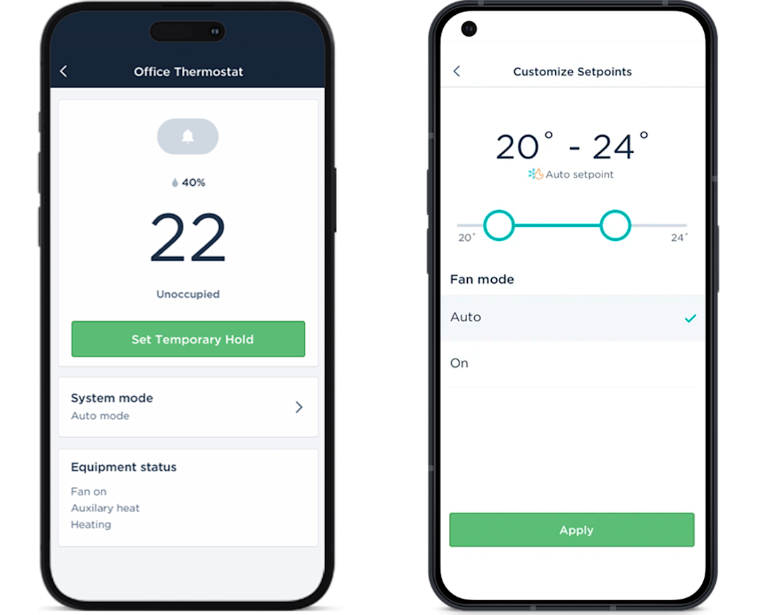2 smartphone screens showing the SmartBuildings dashboard.