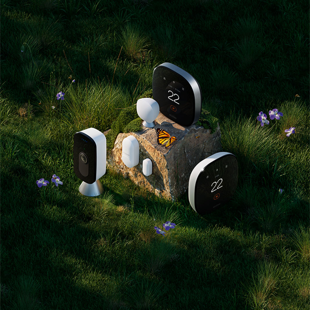 ecobee smart thermostat premium, smart thermostat enhanced, smart camera, and sensors on green grass with flowers.