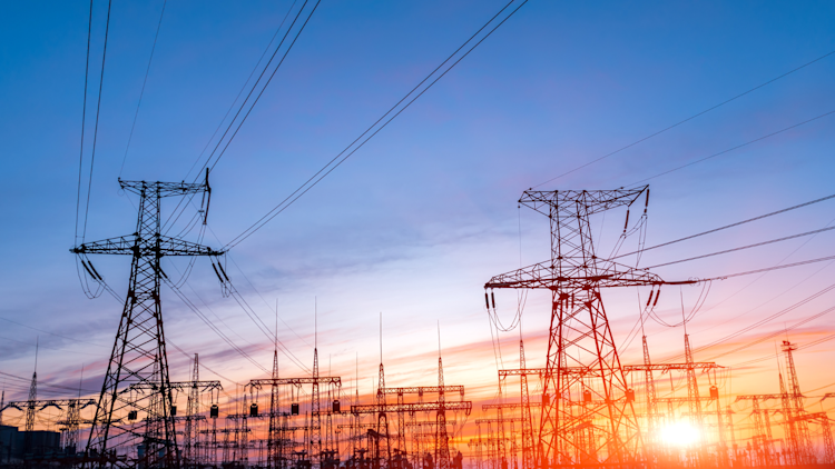 Electrical power grid at sunset.