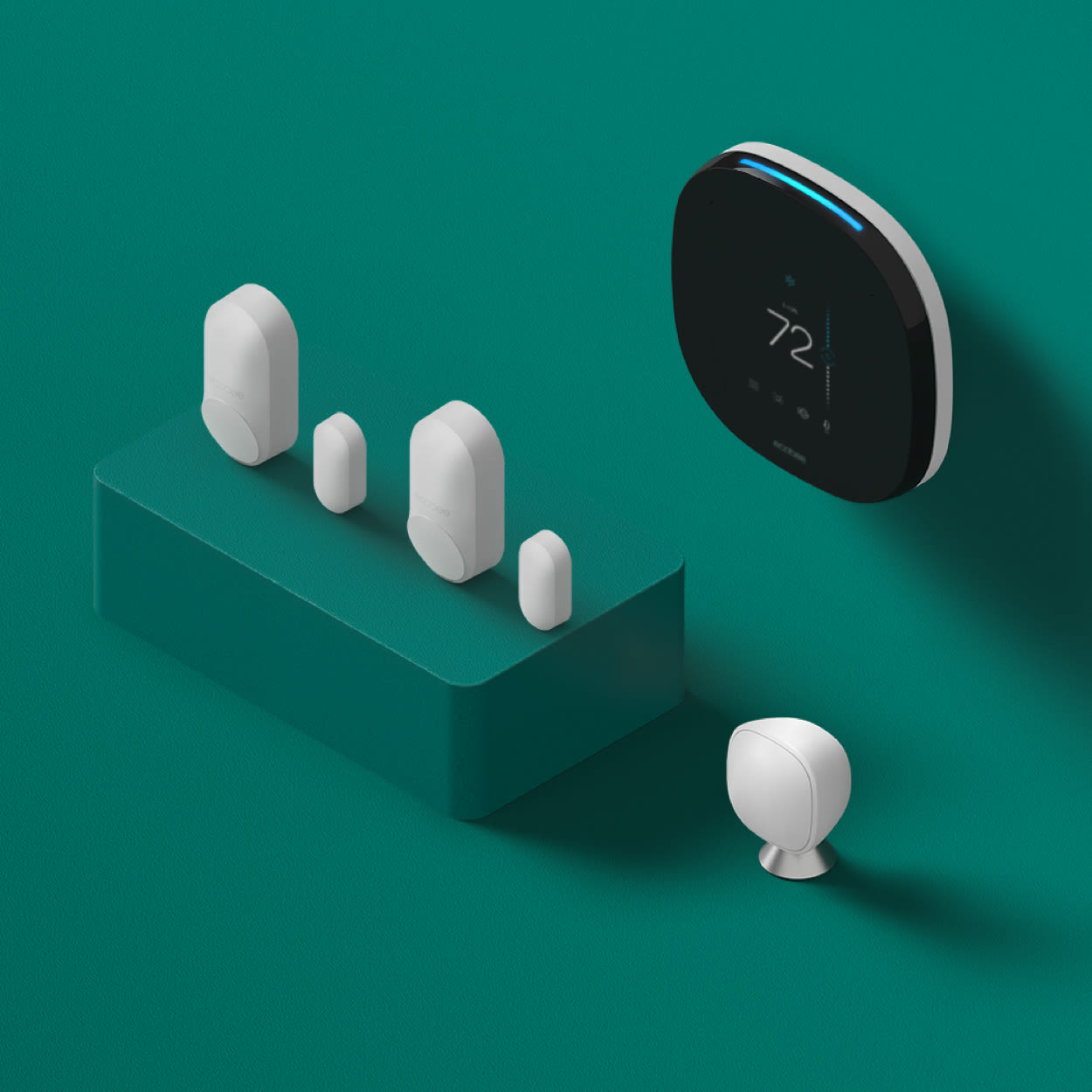 ecobee SmartThermostat with voice control, door and window sensors, and SmartSensors on a green background