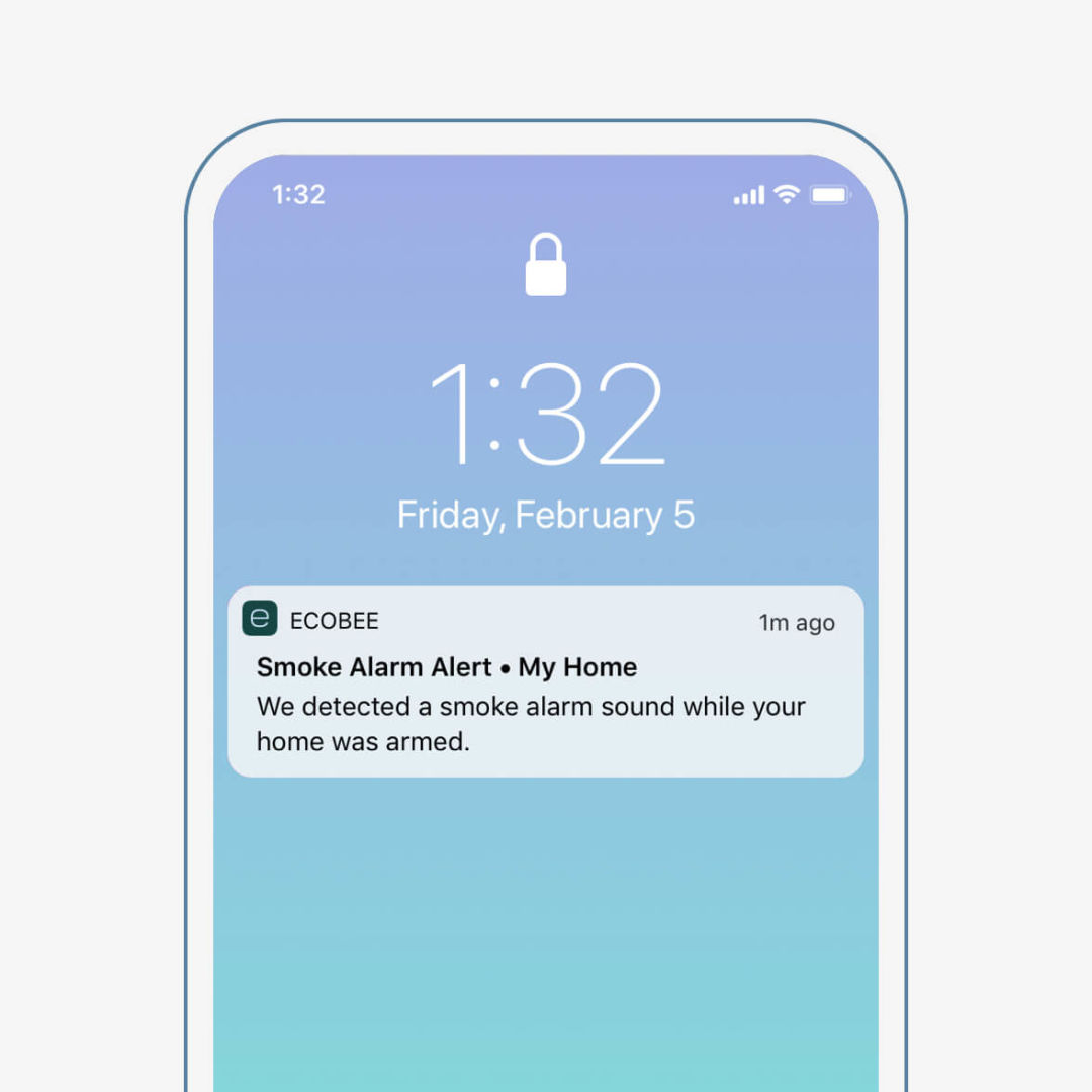 A phone screen shows a notification from ecobee that says "Smoke alarm alert - my home: We detected a smoke alarm sound while your home was armed."