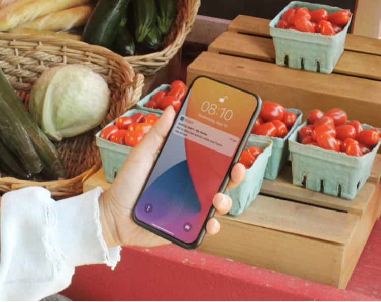 A hand holds a phone with a notification from the ecobee app on screen.