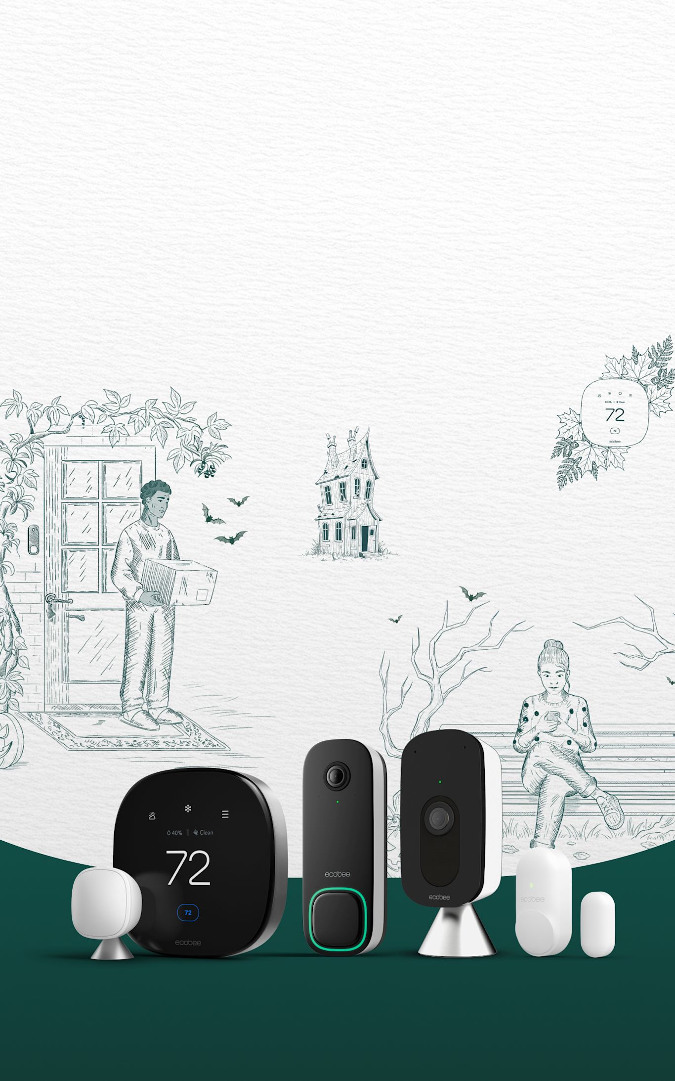 ecobee products on a blue background with Halloween illustrations
