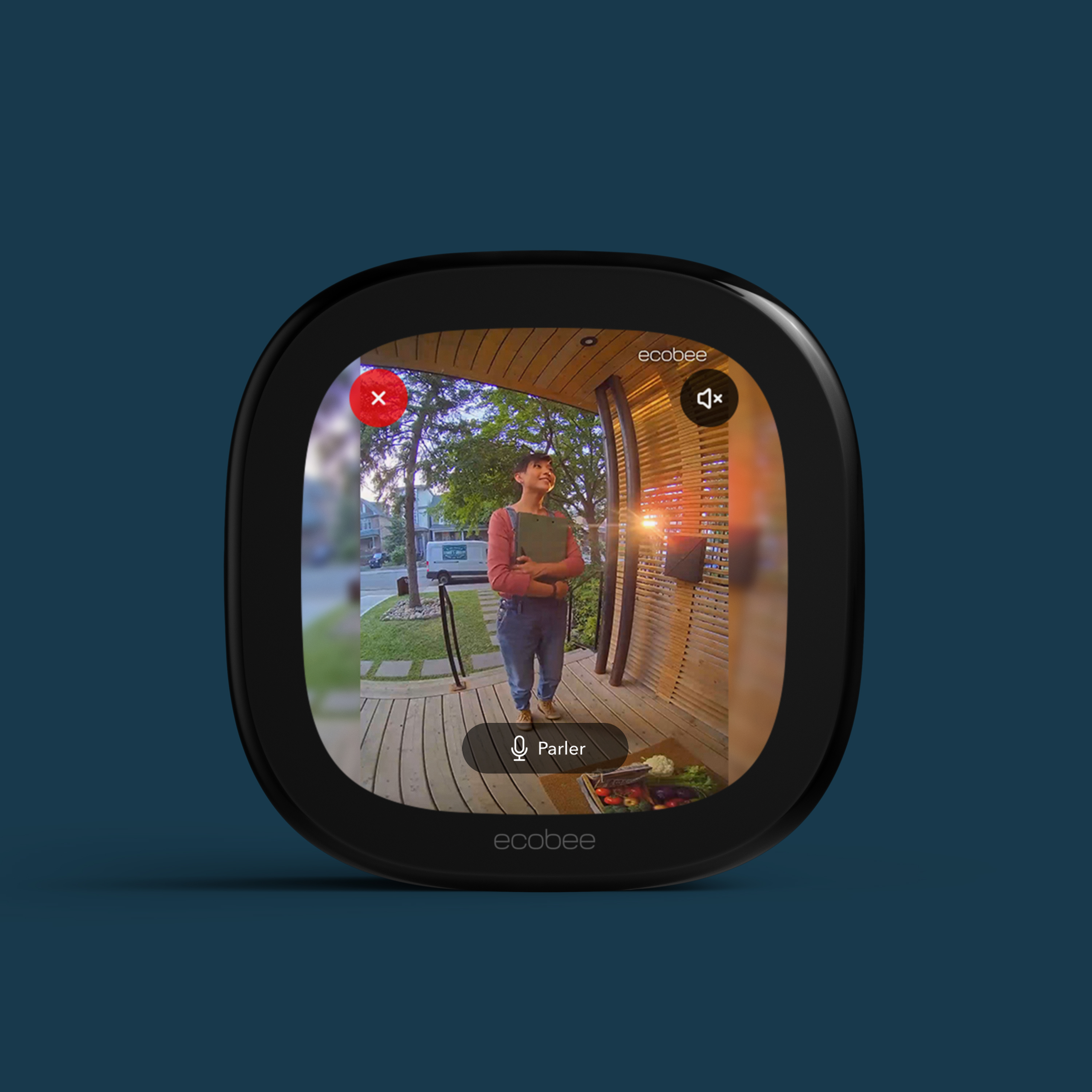 Un thermostat intelligent ecobee Premium affichant le flux vidéo en direct d'une caméra de sonnette directement sur l'écran du thermostat. Les boutons permettant de fermer, de couper le son et de parler sont affichés.