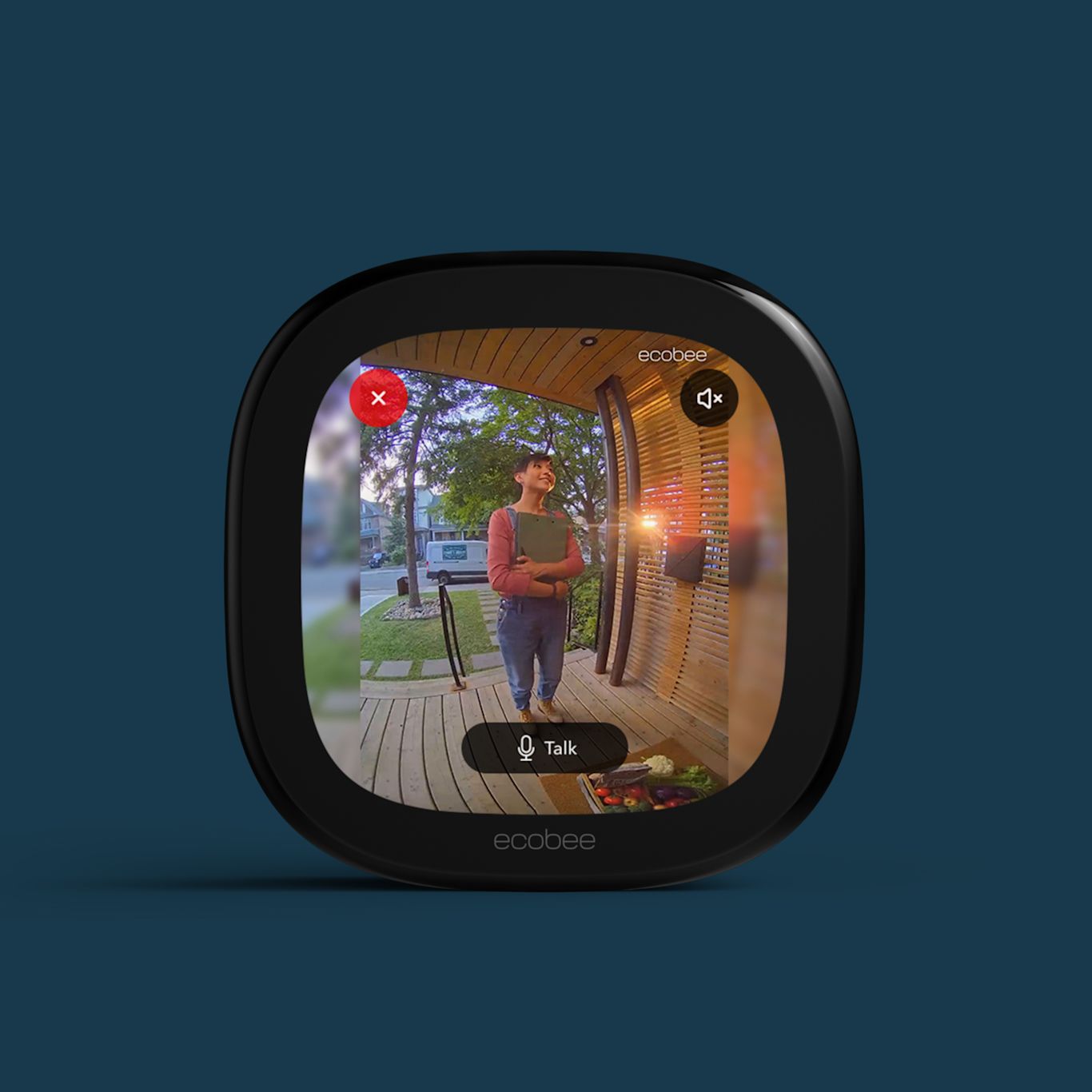 An ecobee Smart Thermostat Premium showing the live video stream from a doorbell camera directly on the thermostat screen. Buttons for closing, muting and talking are presented.