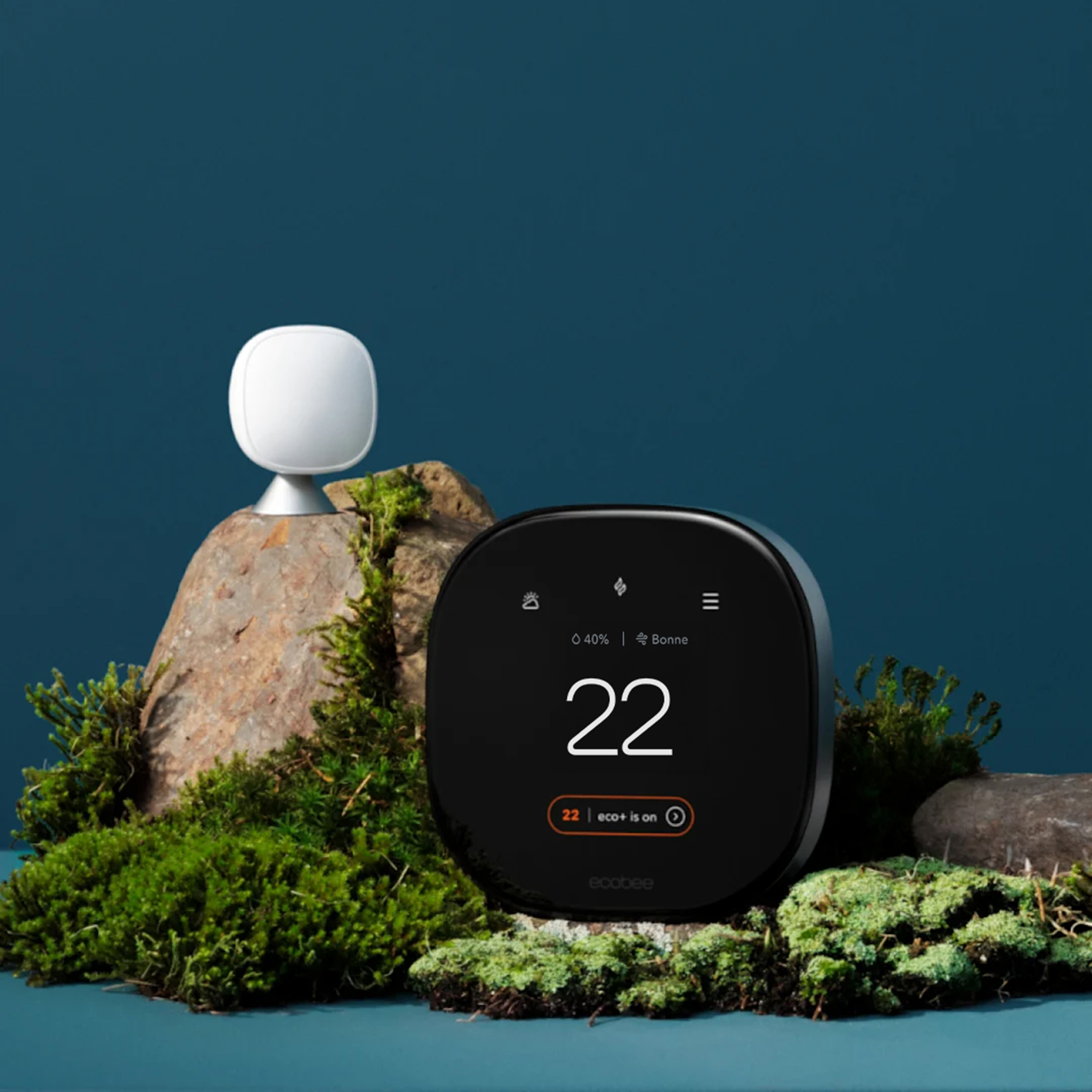 Thermostat intelligent ecobee Premium sur un fond bleu