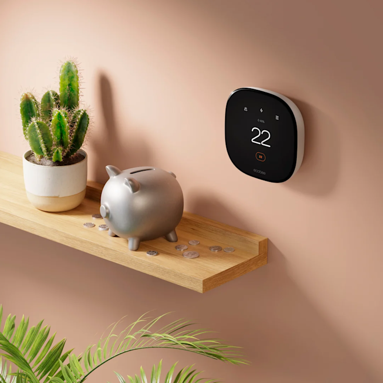 a piggy bank with coins sits on a shelf under an ecobee thermostat