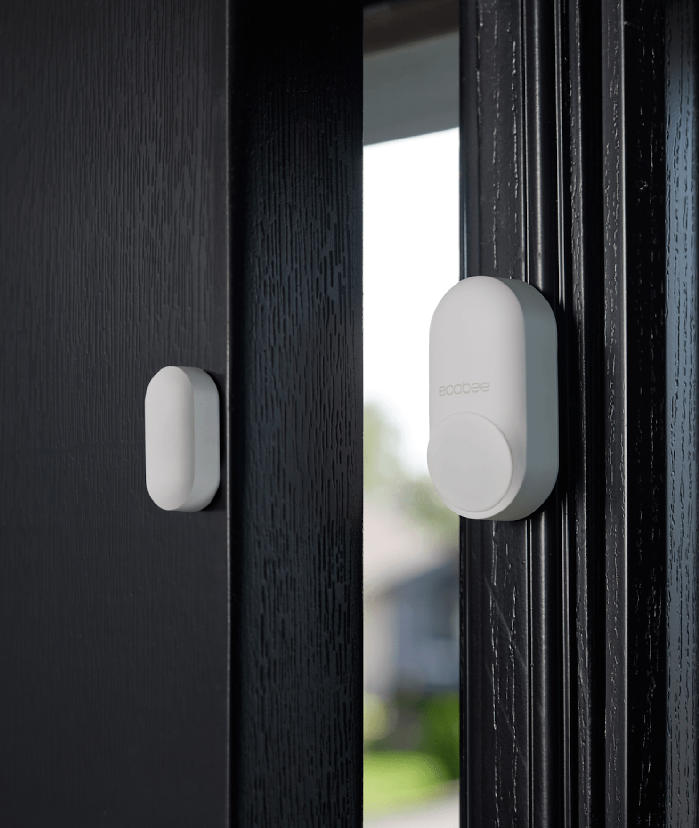 A set of Smart Sensor for doors and windows are mounted on a black wooden door frame and door