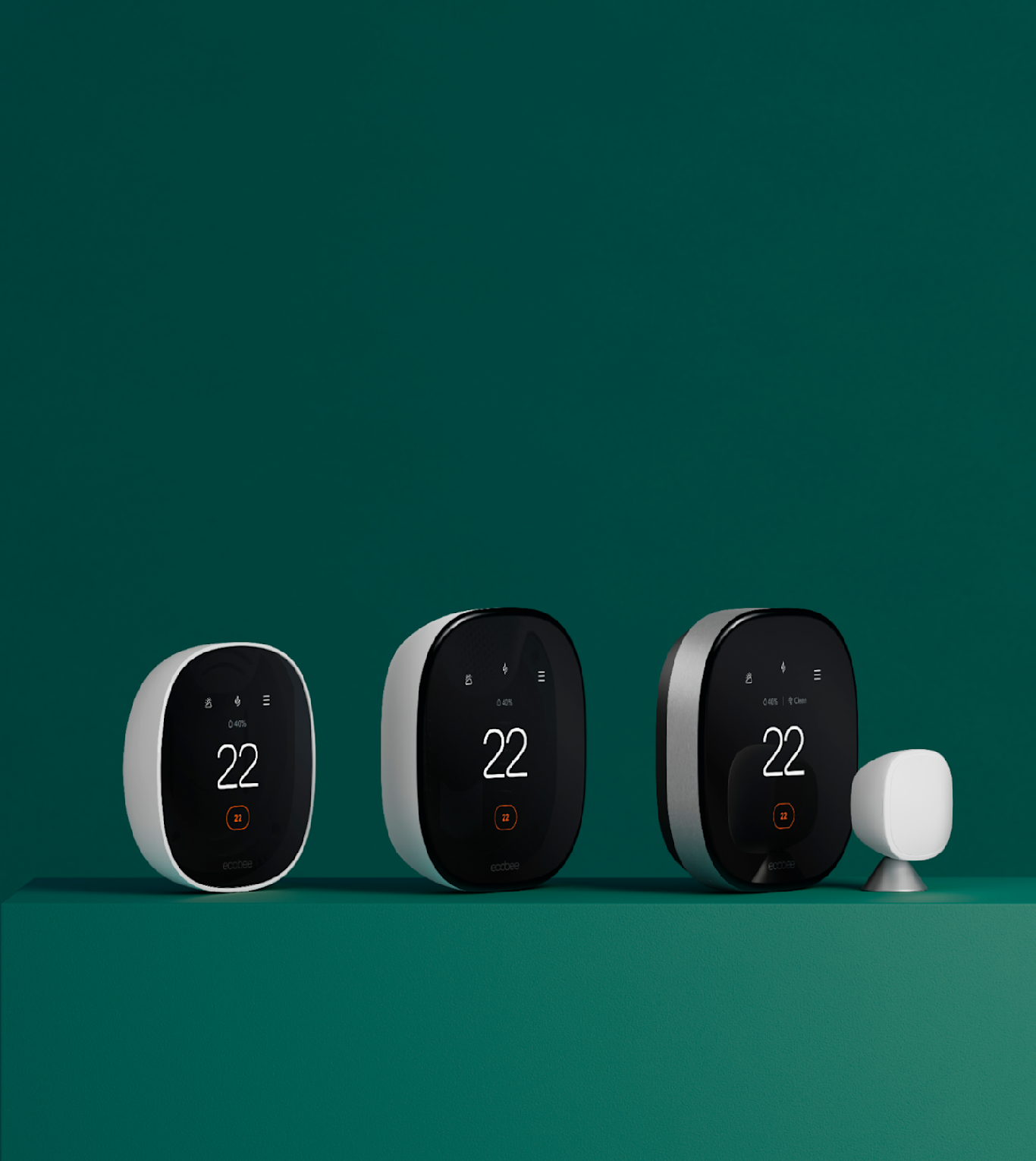 Image is showing a side view of Smart Thermostat Premium, Enhanced, and Essential on a green background