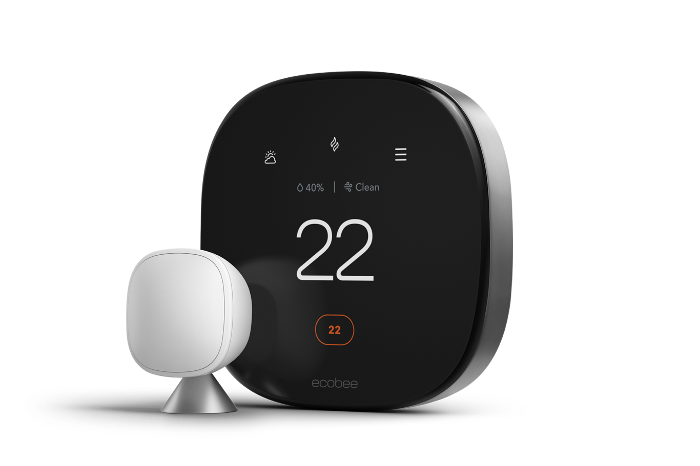 A three-quarter view of ecobee Smart Thermostat Premium with SmartSensor