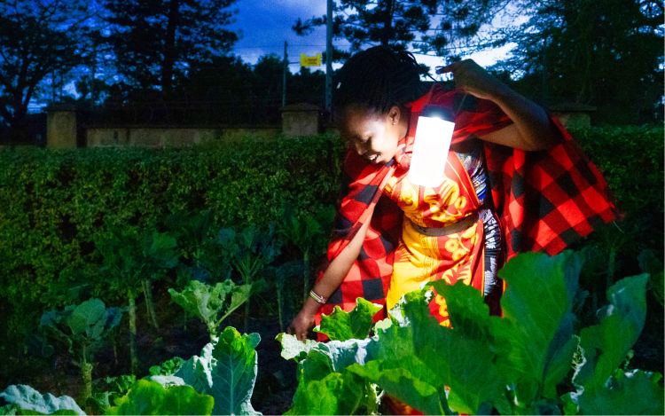 A woman holding to a portable lantern from Solar Panda, a Canadian company that provides home solar systems to rural African communities without access to electricity