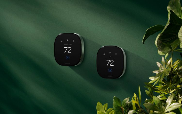 ecobee Smart Thermostat Premium and ecobee Smart Thermostat Enhanced against green wall