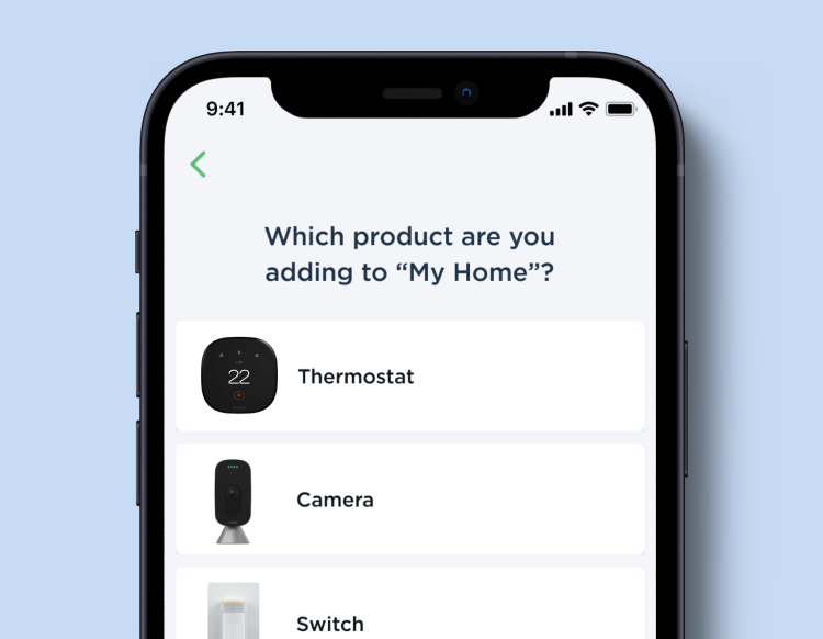 A phone screen showing the ecobee app; it says "Which product are you adding to My Home?"