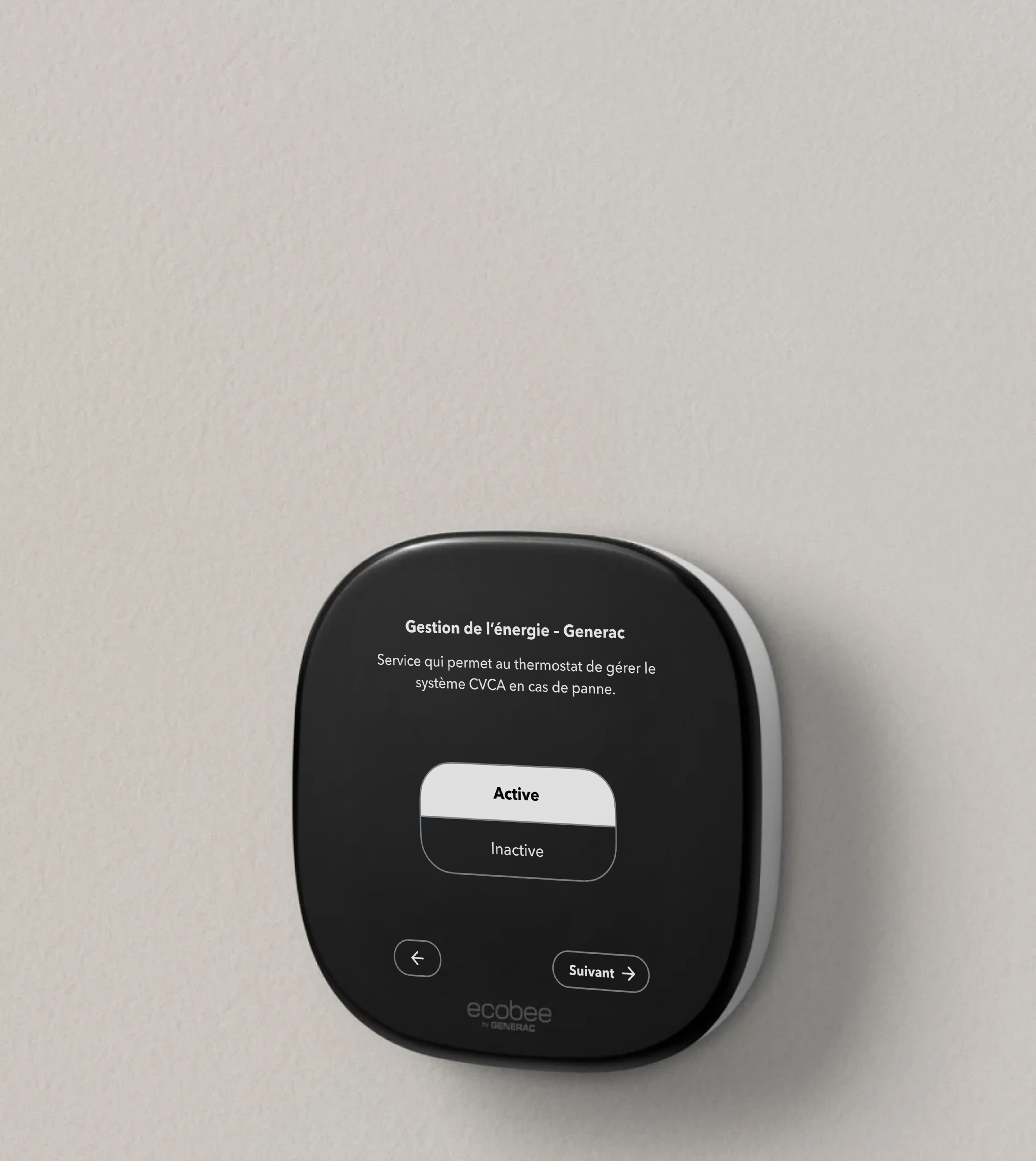 Écran du thermostat ecobee montrant le gestionnaire d’énergie Generac