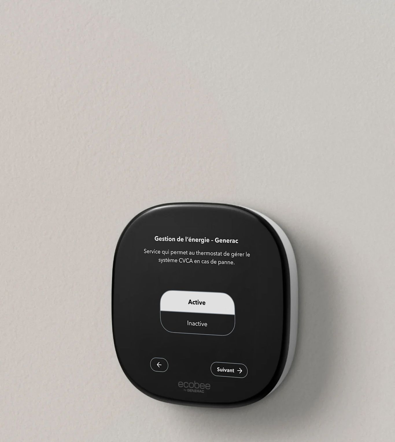 Écran du thermostat ecobee montrant le gestionnaire d’énergie Generac