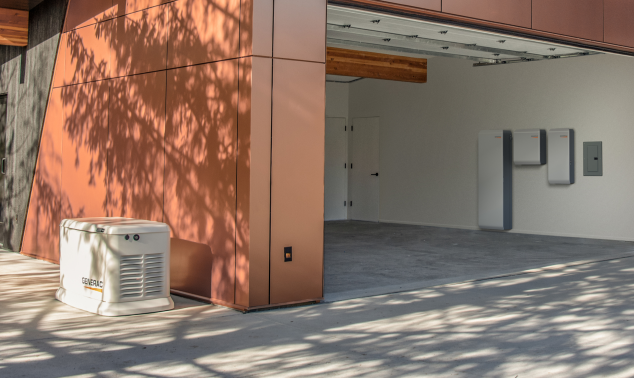 a garage with a generac generator outside