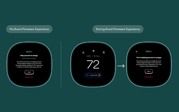 ecobee thermostat screens displaying a grid resiliency event.