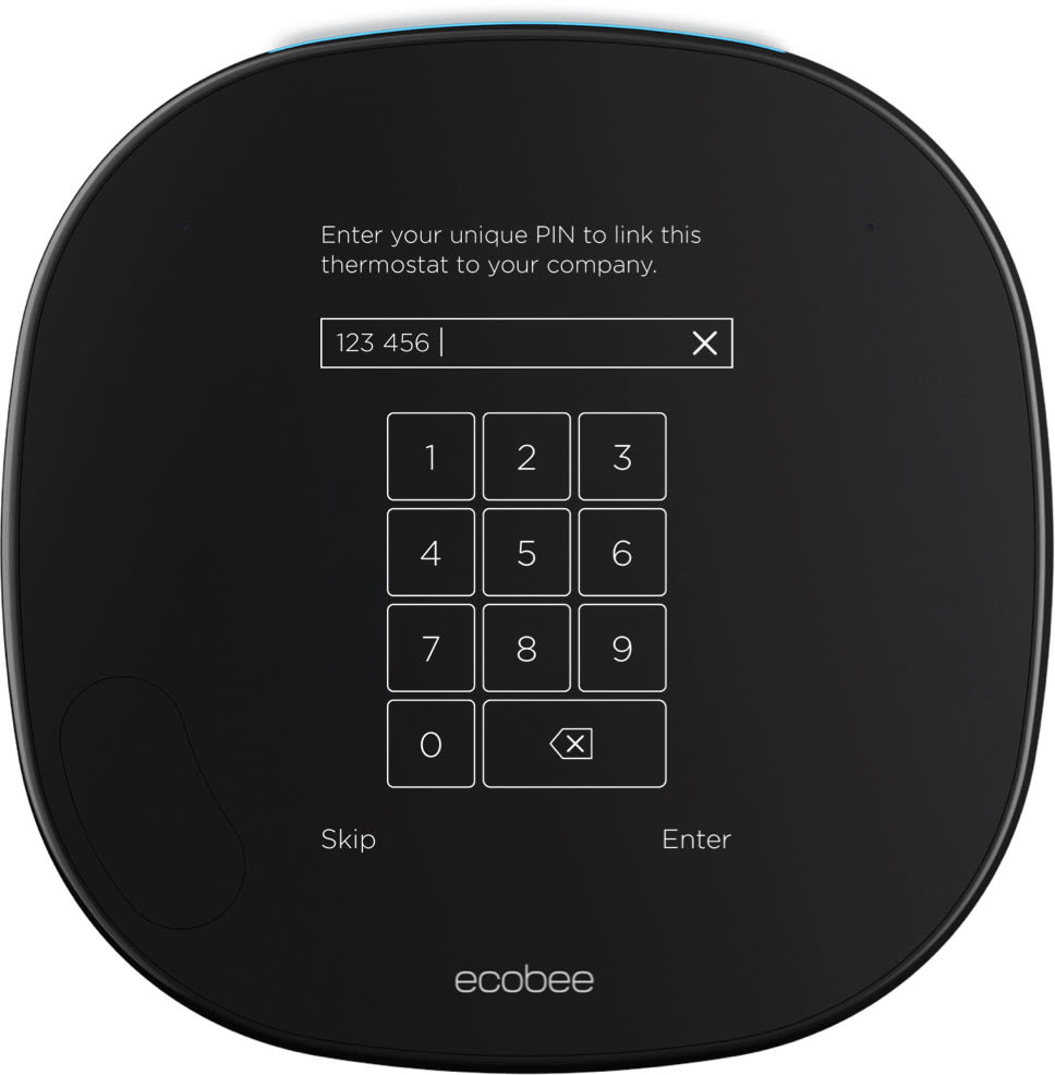 ecobee thermostat interface demonstrating pro PIN input