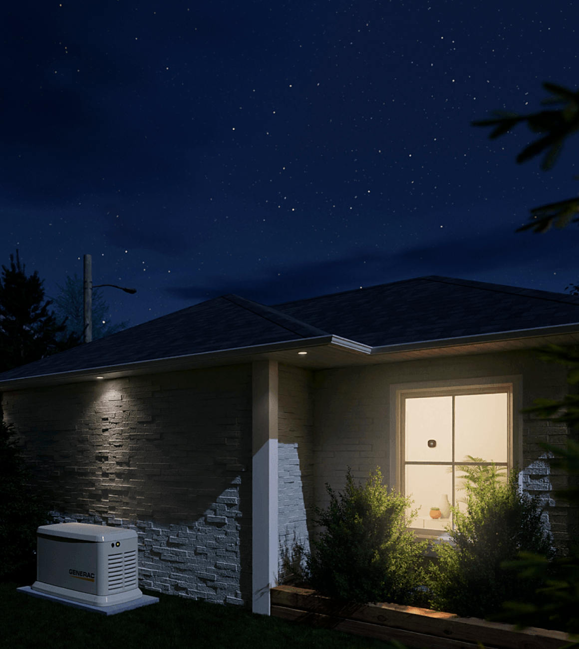 exterior of a house at night with a generac generator, the light is on inside