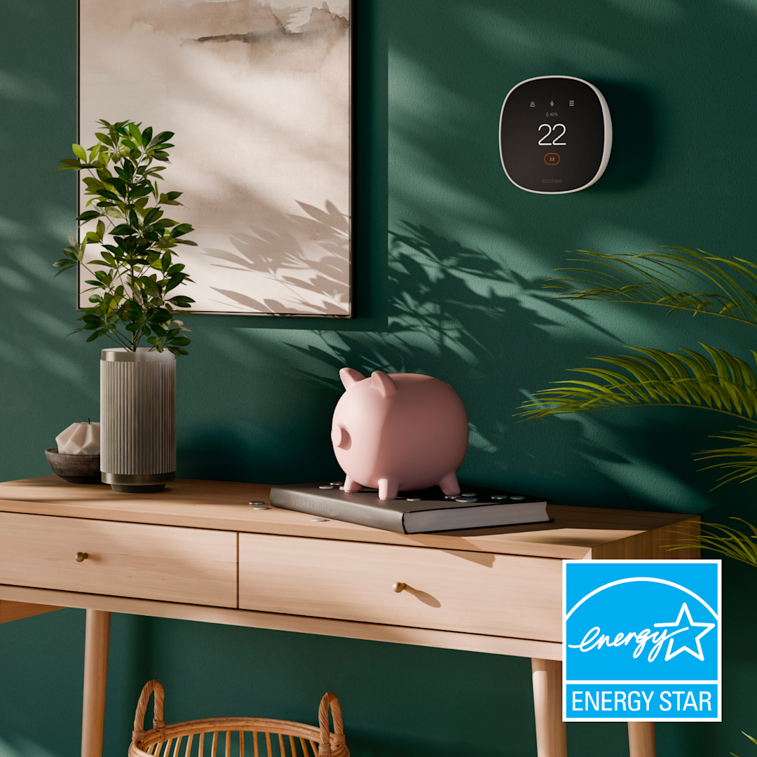 ecobee smart thermostat essential on a wall next to a piggy bank
