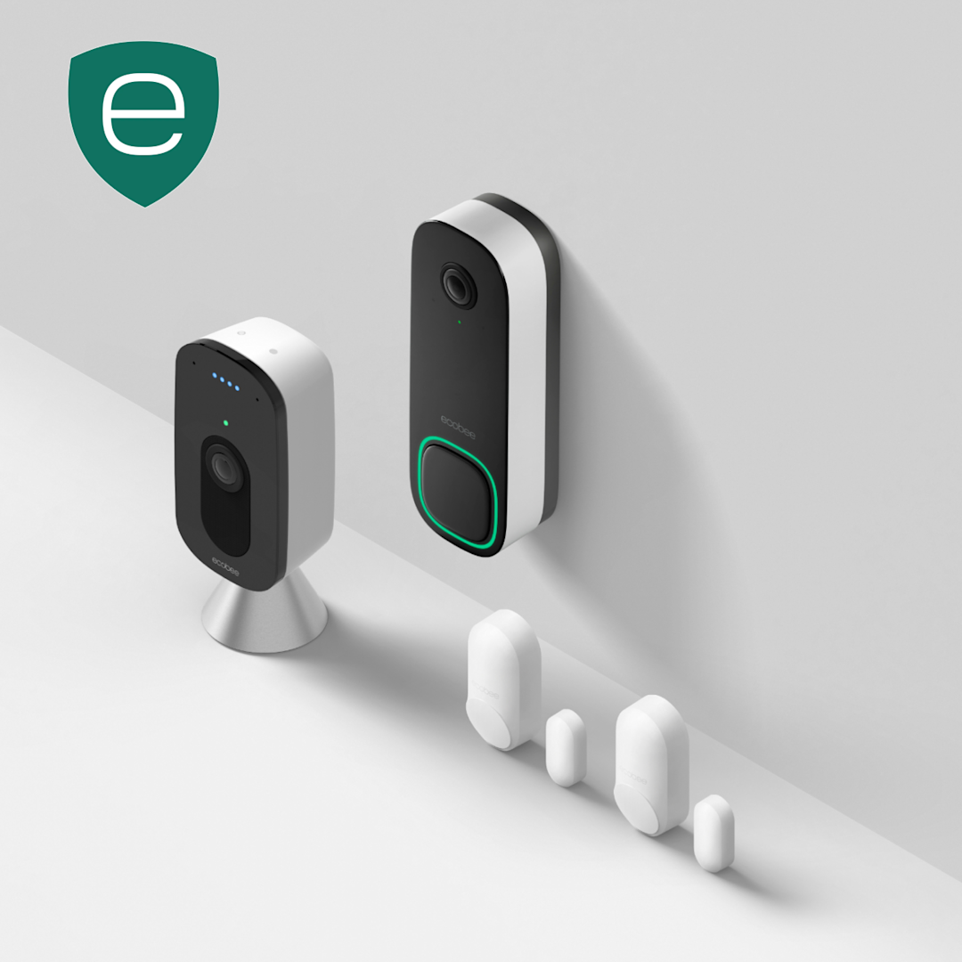 An angled shot of SmartCamera with voice control, Smart Doorbell Camera and two SmartSensors for doors and windows
