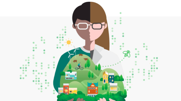 Illustration of a woman holding a scene of greenery, buildings, residential homes and a cyclist molded together to showcase a thriving green community