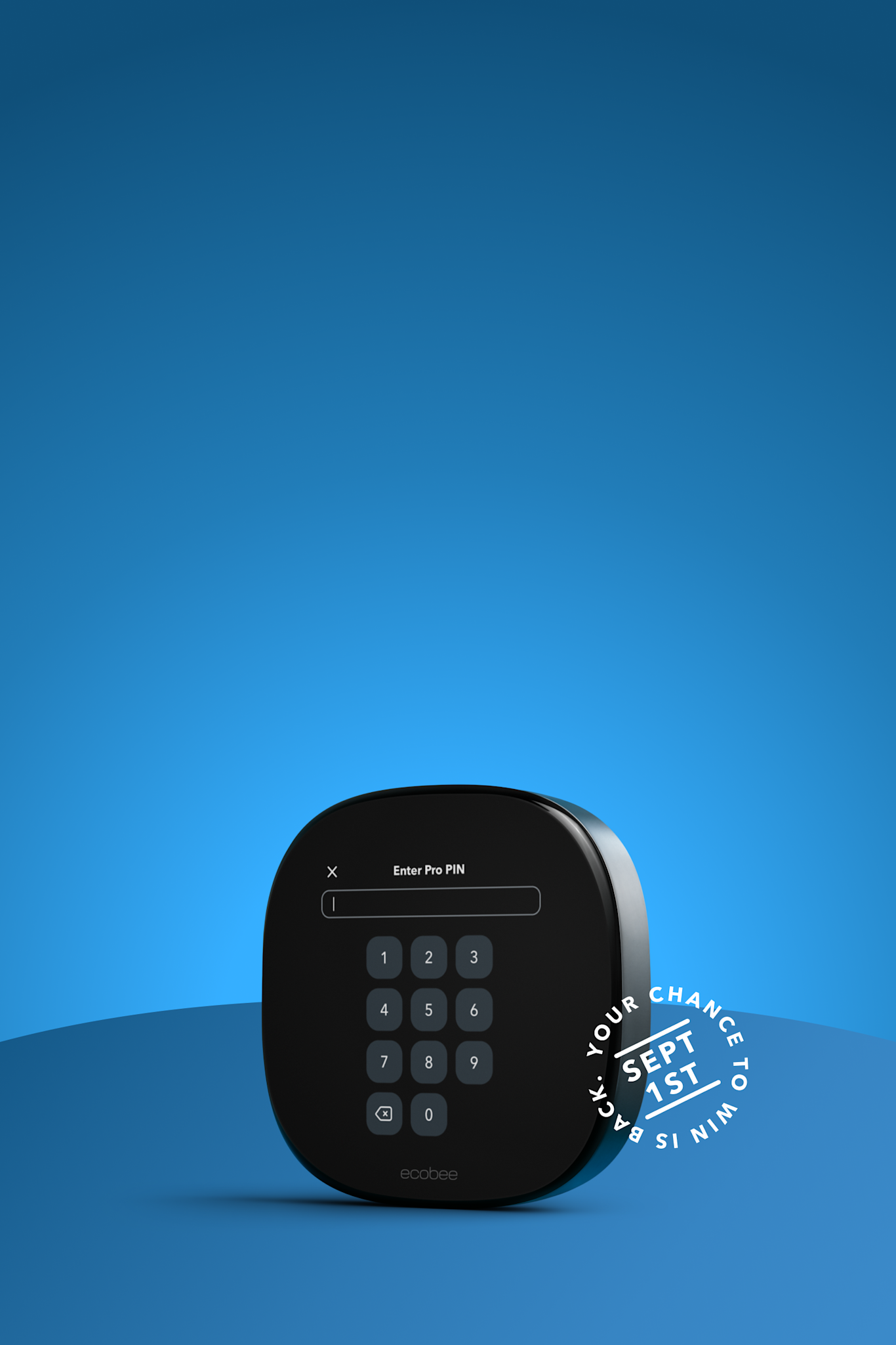 An ecobee thermostat on a blue background. The thermostat is displaying a numerical keypad interface with the words "enter pro pin" situated above it.