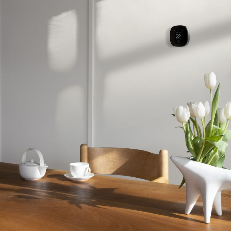 An ecobee thermostat is on the wall behind a table with flowers.