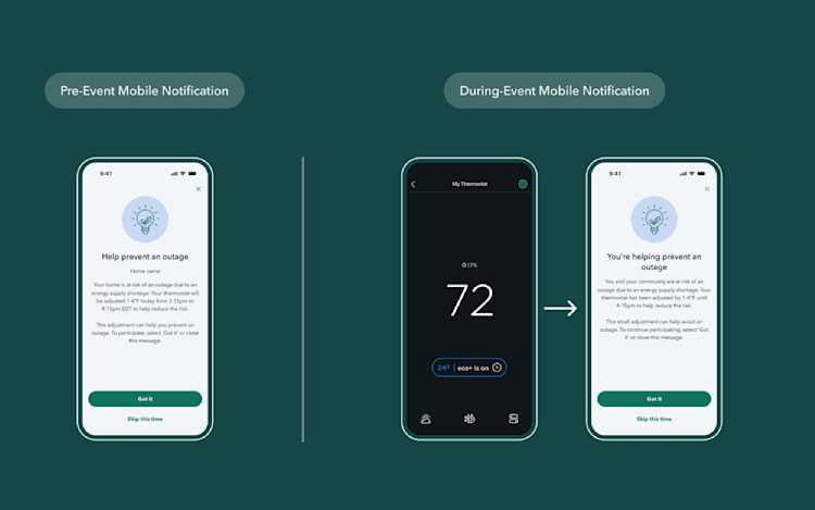 Picture of mobile interface when a customer receives a mobile notification before an event, and also receives a mobile notification during an event. It allows the customer to choose if they want to skip it.