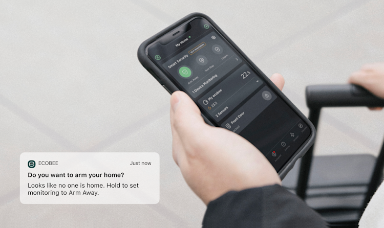 ecobee phone screen showing a notification saying do you want to arm your phone