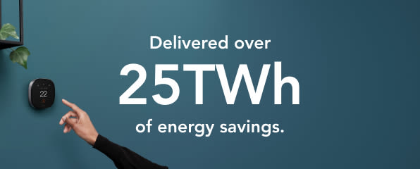 A hand reaches out to touch the ecobee thermostat on a blue wall. The text "Delivered over 25TWh of energy savings."