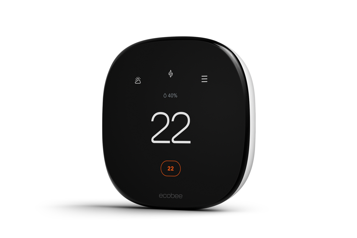 Three-quarter view of the ecobee smart thermostat enhanced