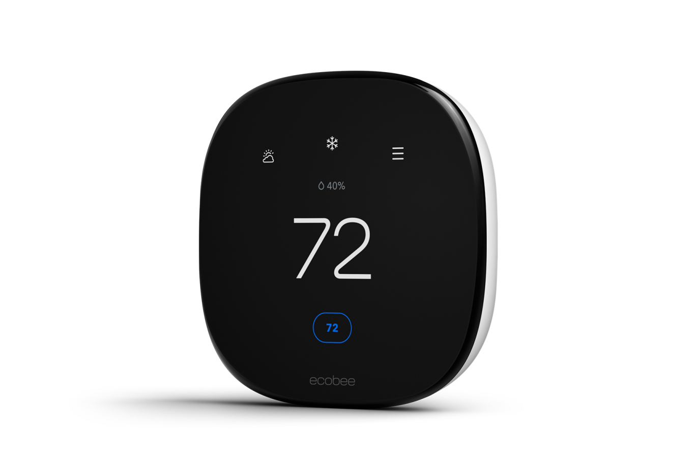 Three-quarter view of the ecobee smart thermostat enhanced