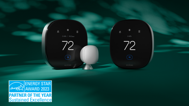 Smart Thermostat Premium and Smart Thermostat Enhanced against green backdrop, with ENERGY STAR Partner of the Year 2023 logo in bottom corner.