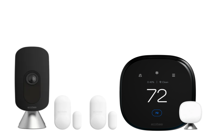 ecobee smartcamera, sensors, and thermostat on a grey background