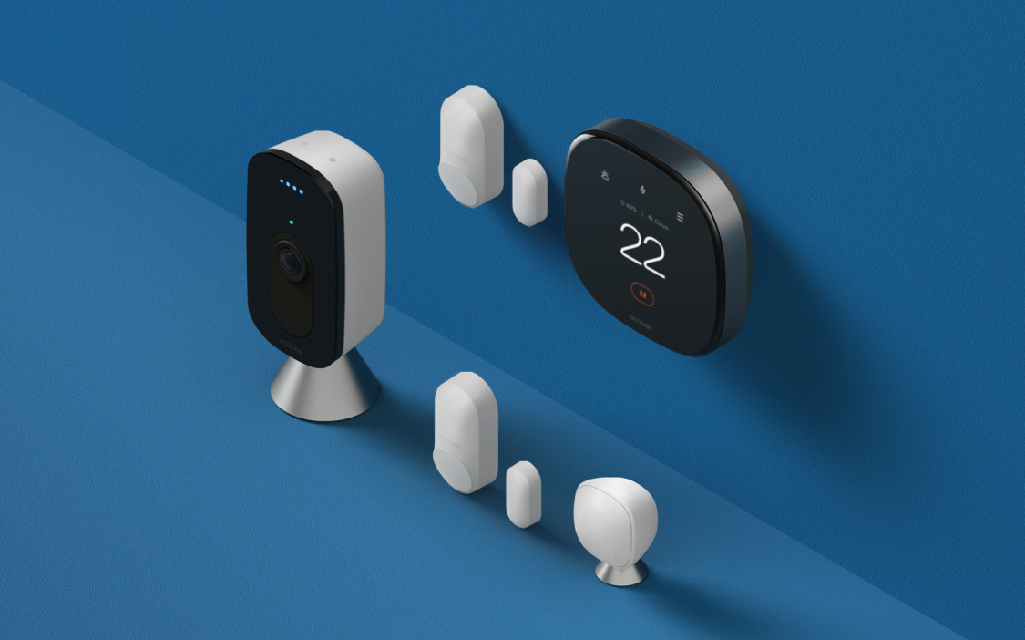 ecobee whole home solution including smart thermostat premium, 2 smartsensors for doors and windows, smartCamera, and Smartsensor.