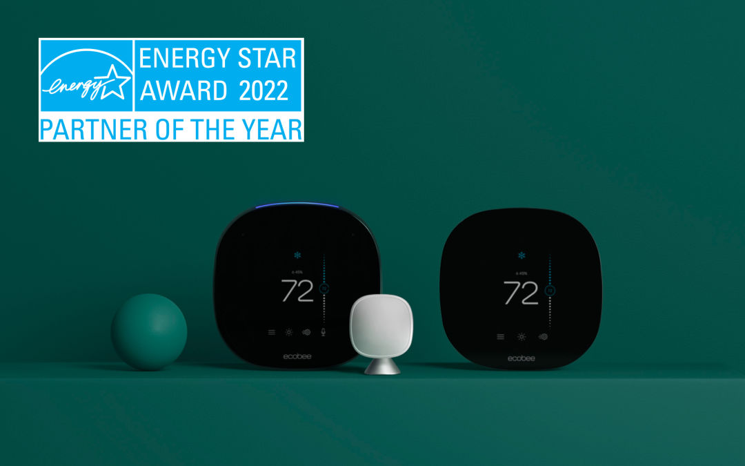 Two ecobee smart thermostats with the ENERGY STAR Partner of the Year Award badge in the corner.