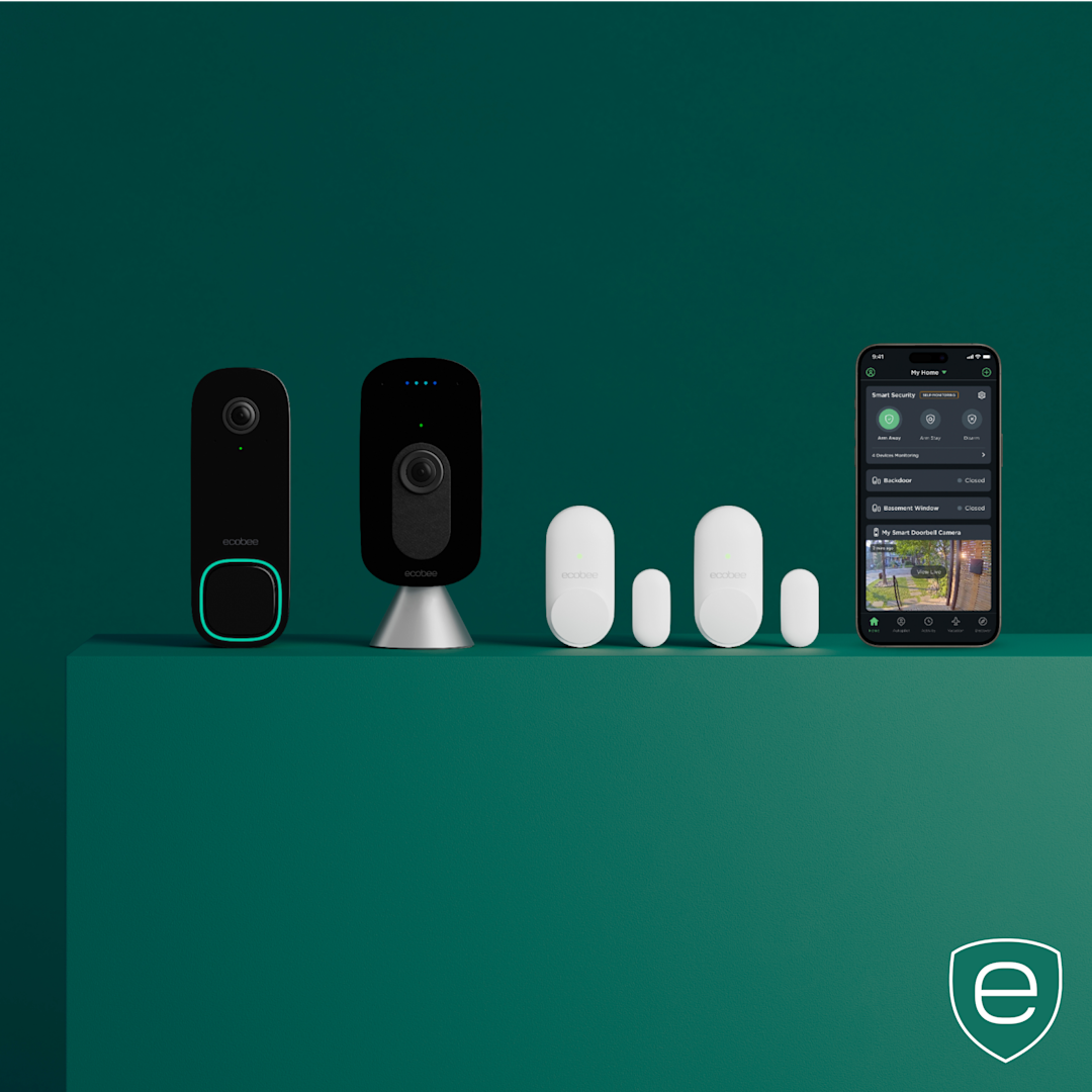 ecobee smart doorbell camera, smart camera with voice control, smartsensors for doors and windows, and a phone screen showing the ecobee app