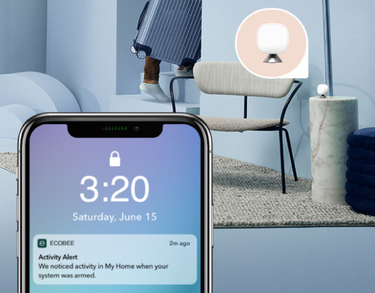 A phone screen shows a notification for an activity alert. In the background, an ecobee SmartSensor picks up someone walking through a room. 