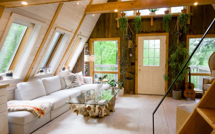 Interior view of a Tiny home with a beautiful white interior with wood and plant accents