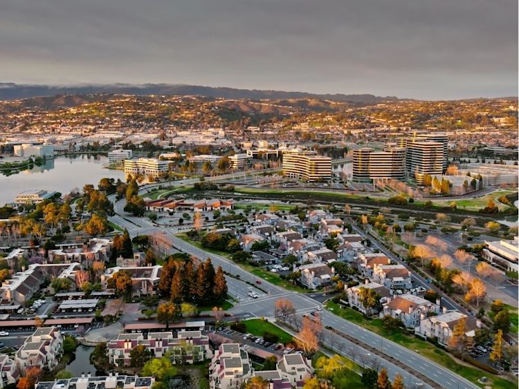 Overhead shot of residential neighbourhood at dusk.