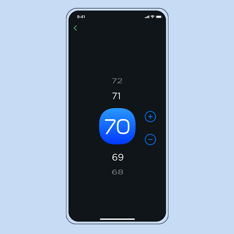 a phone screen shows the ecobee temperature control settings