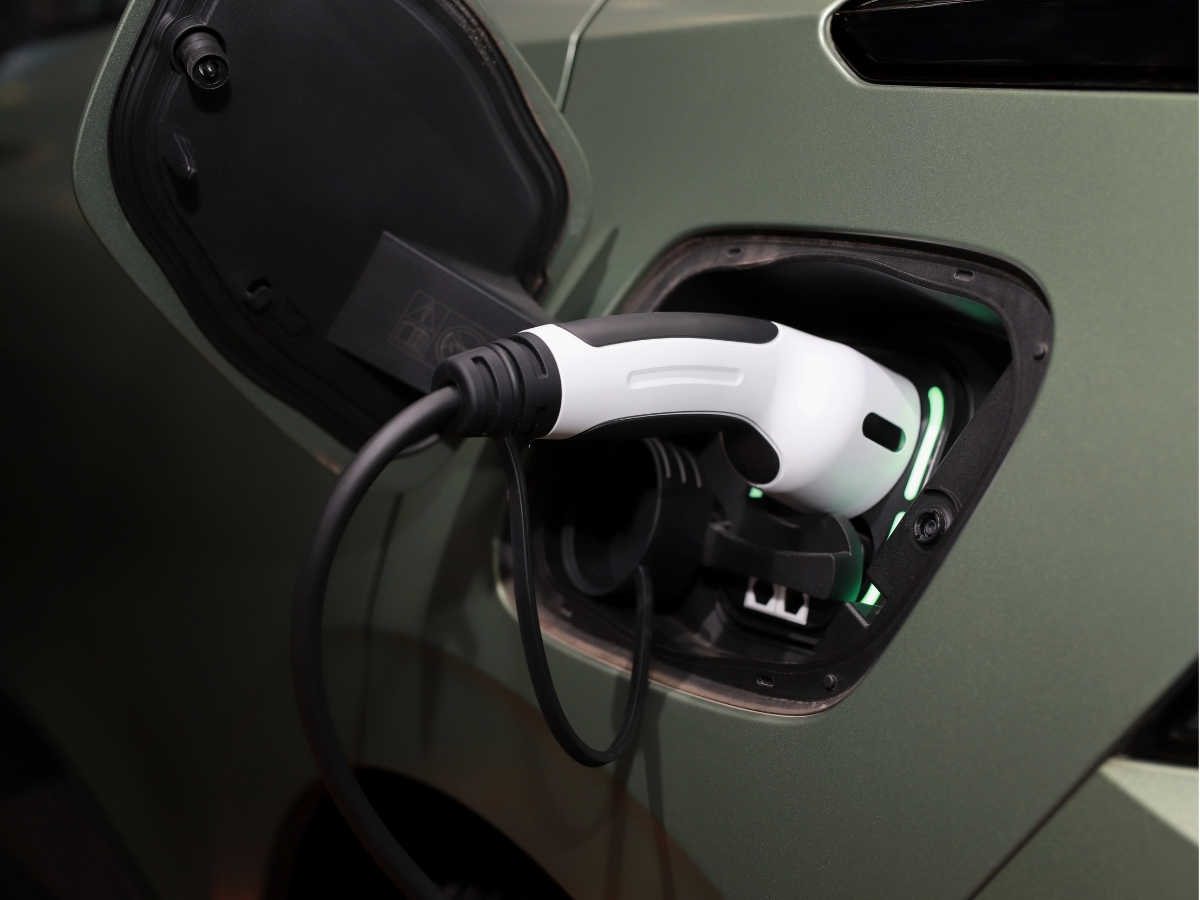 Charging cable plugged into electric vehicle. 